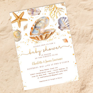Watercolor Ocean Little Pearl Baby Shower Invitation