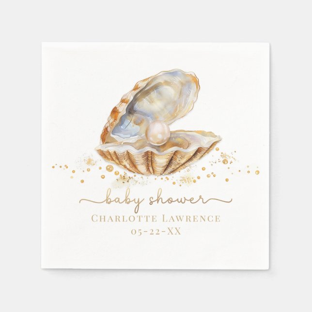 Watercolor Ocean Little Pearl Baby Shower Napkins  (Front)