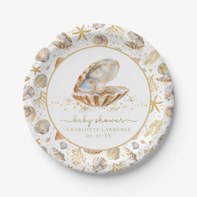 Watercolor Ocean Little Pearl Baby Shower Paper Plate (Front)