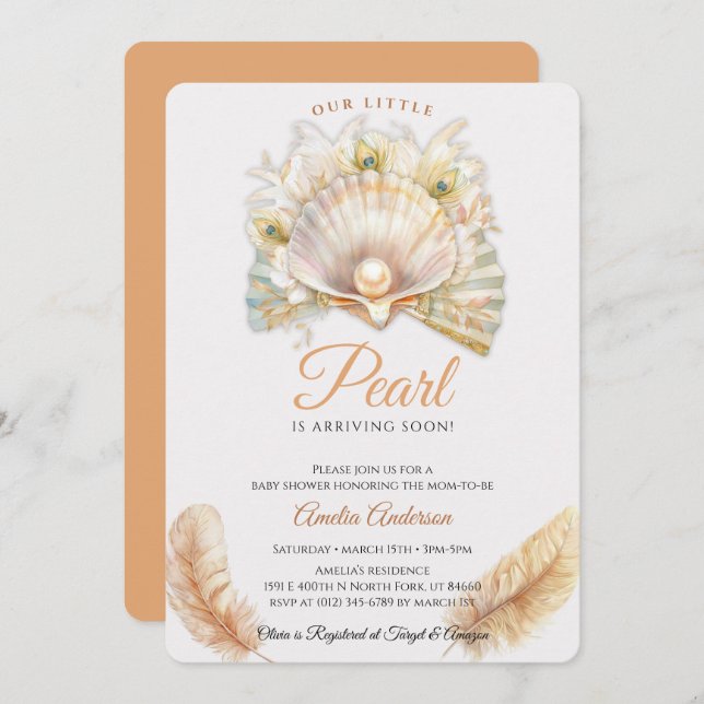 Watercolor Ocean little pearl Seashell Baby Shower Invitation (Front/Back)