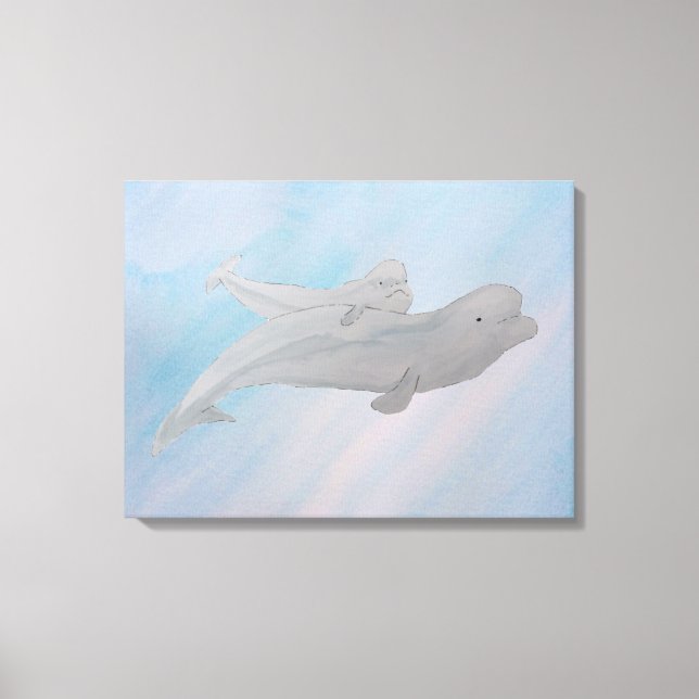 Watercolor Ocean Mother Baby Beluga Whale Canvas Print (Front)