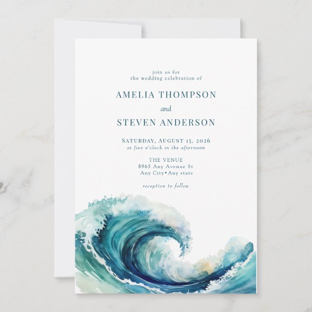 Watercolor Ocean | Navy Blue Wedding Invitation (Front)