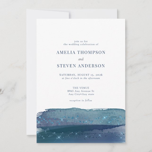 Watercolor Ocean | Navy Blue Wedding Invitation (Front)