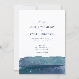 Watercolor Ocean Navy Blue Wedding Invitation