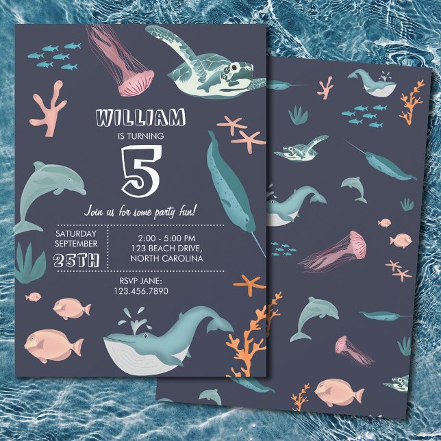 Watercolor Ocean Sea Animals Blue Birthday Invitation (Watercolor Ocean Sea Animals Blue Birthday Invitation)