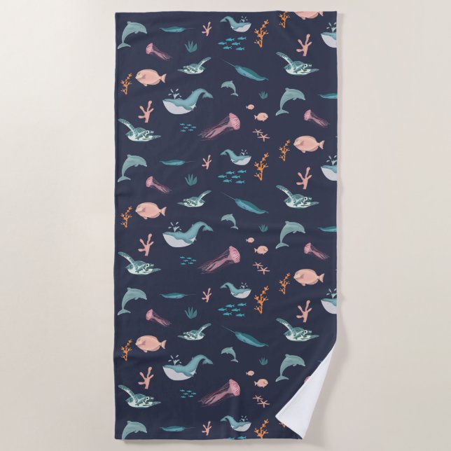 Watercolor Ocean Sea Animals Blue Pattern Beach Towel (Front)