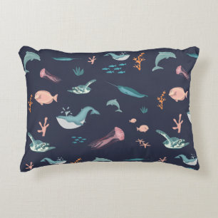 Watercolor Ocean Sea Animals Blue Pattern Decorative Cushion