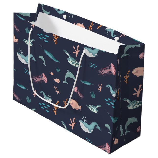 Watercolor Ocean Sea Animals Blue Pattern Large Gift Bag (Front Angled)