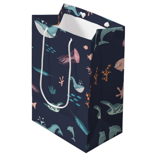 Watercolor Ocean Sea Animals Blue Pattern Medium Gift Bag (Front Angled)