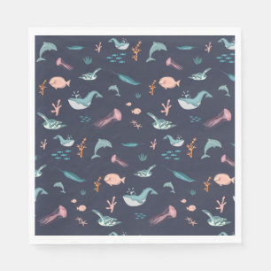 Watercolor Ocean Sea Animals Blue Pattern Napkin