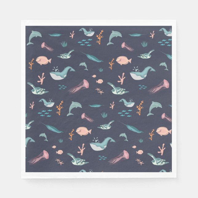 Watercolor Ocean Sea Animals Blue Pattern Napkin (Front)