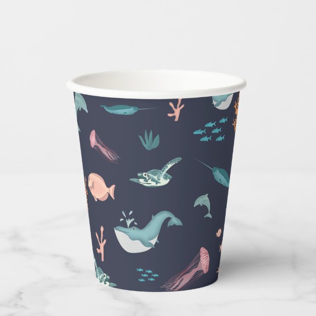 Watercolor Ocean Sea Animals Blue Pattern Paper Cups (Front)