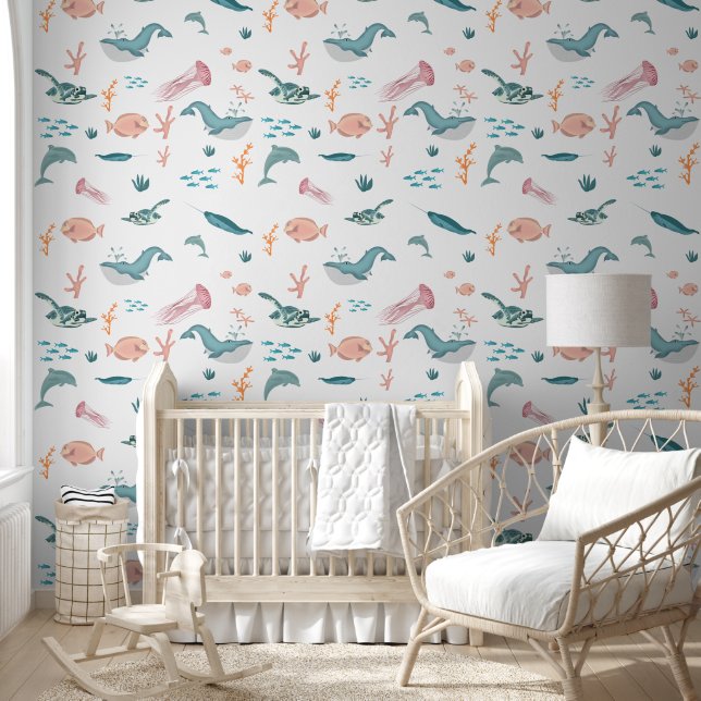 Watercolor Ocean Sea Animals Blush Pattern Nursery Wallpaper (Kids)