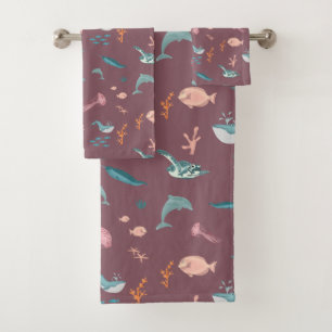Watercolor Ocean Sea Animals Blush Pink Pattern Bath Towel Set