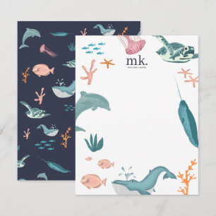 Watercolor Ocean Sea Animals Monogram Blue Card