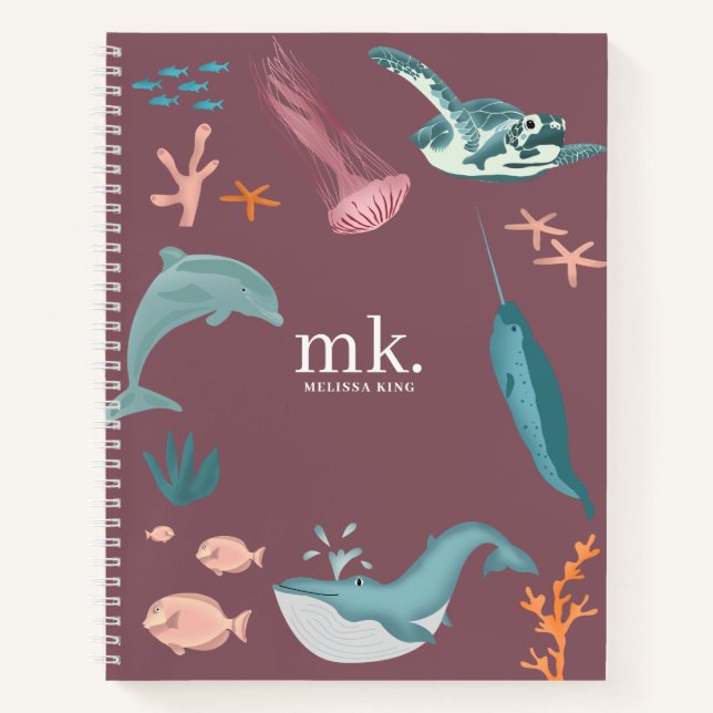 Watercolor Ocean Sea Animals Monogram Blush Pink Notebook (Front)