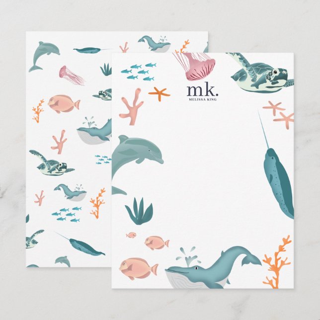 Watercolor Ocean Sea Animals Monogram  Card (Front/Back)