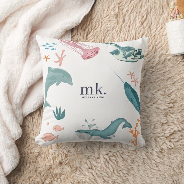 Watercolor Ocean Sea Animals Monogram  Cushion (Blanket)