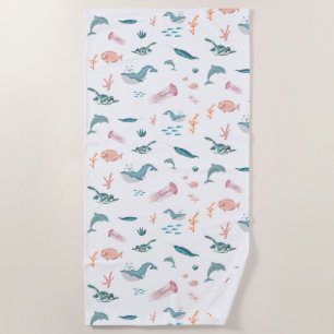 Watercolor Ocean Sea Animals Pattern Beach Towel