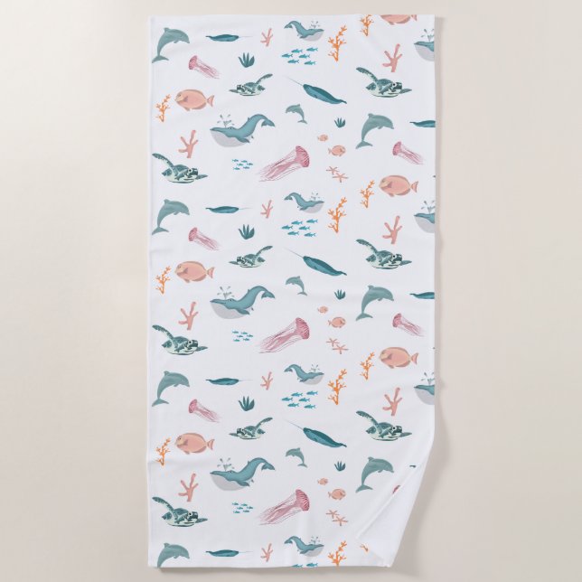 Watercolor Ocean Sea Animals Pattern Beach Towel (Front)