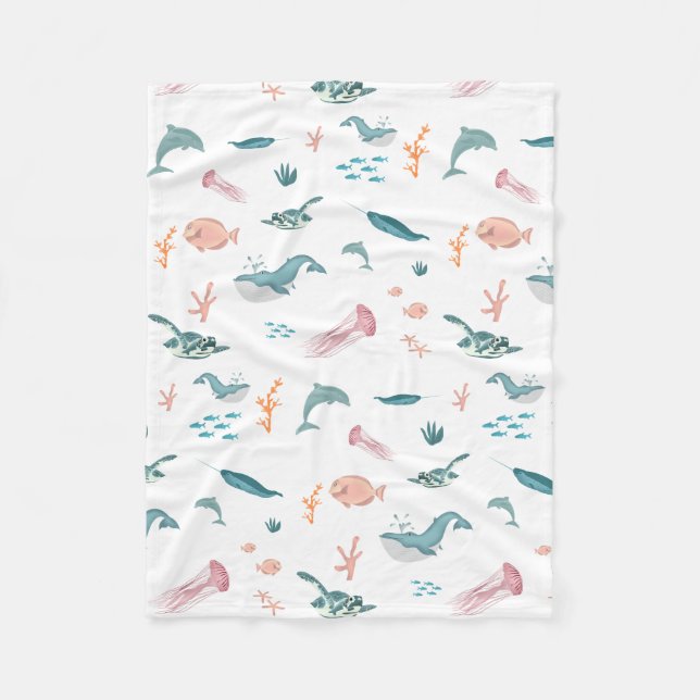 Watercolor Ocean Sea Animals Pattern Fleece Blanket (Front)