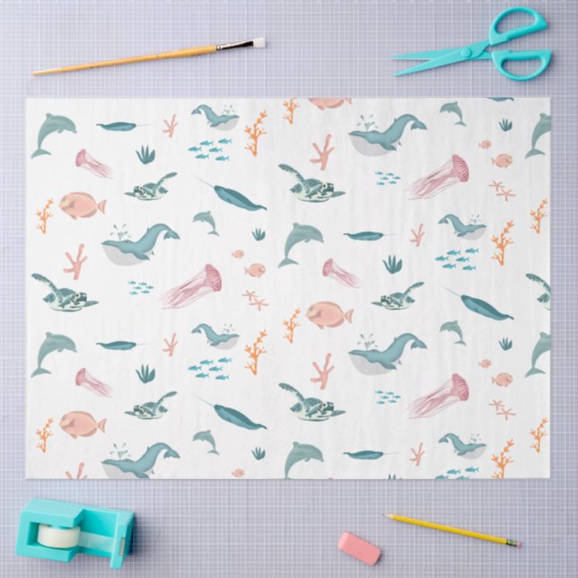 Watercolor Ocean Sea Animals Pattern Tissue Paper (Craft)