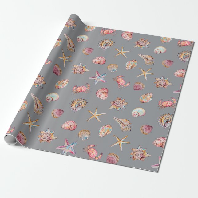 Watercolor Ocean Sea Animals Pattern Wrapping Paper (Unrolled)
