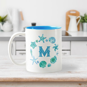 Watercolor Ocean Sea Shells and Starfish Monogram Two-Tone Coffee Mug