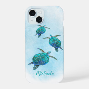 Watercolor Ocean Sea Turtles Custom Name iPhone 15 Case