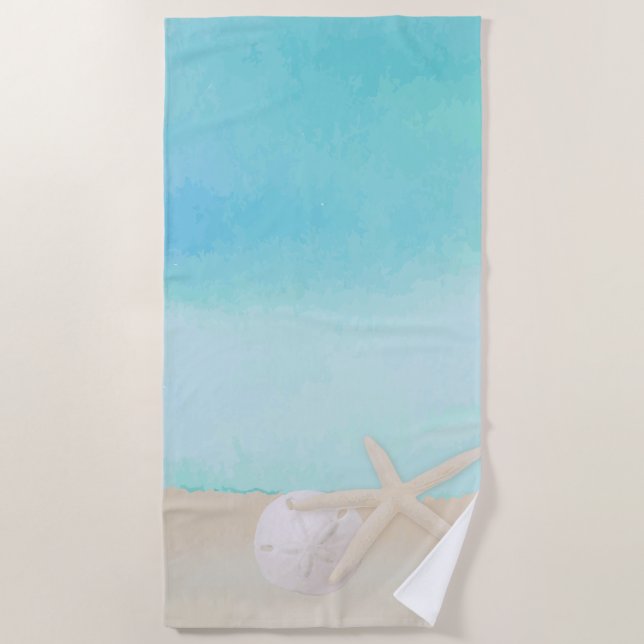 Watercolor Ocean Starfish and Sand Dollar Beach Towel (Front)