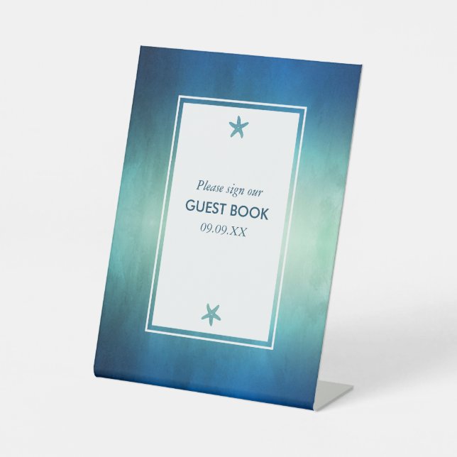 Watercolor Ocean Starfish Beach Wedding Pedestal Sign (Front)