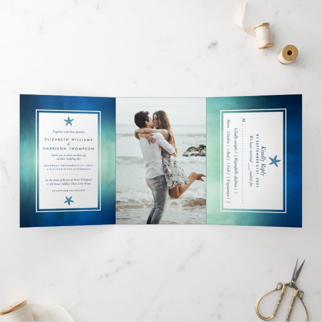 Watercolor Ocean Starfish Beach Wedding Suite Tri-Fold Invitation (Inside)