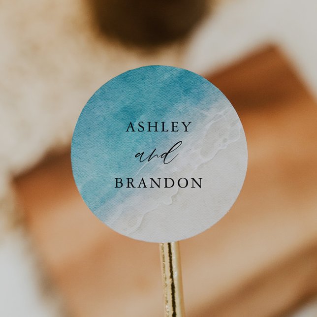 Watercolor Ocean Summer Blue Beach Wedding Classic Round Sticker (Creator Uploaded)