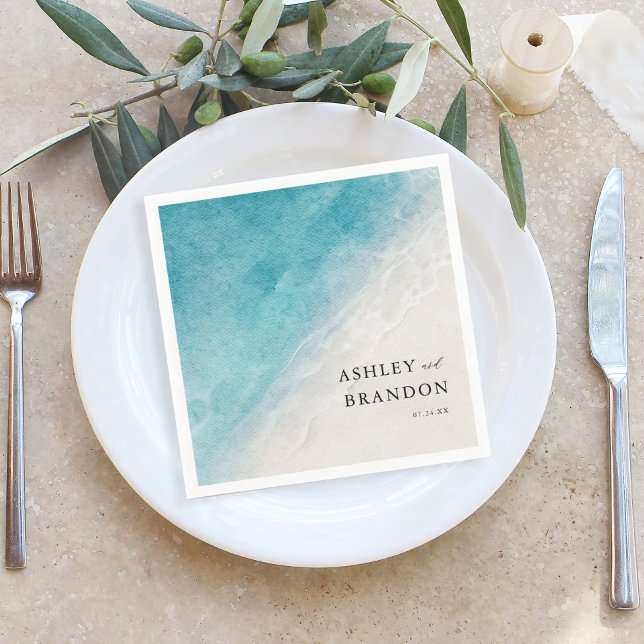 Watercolor Ocean Summer Blue Beach Wedding Napkin (Creator Uploaded)