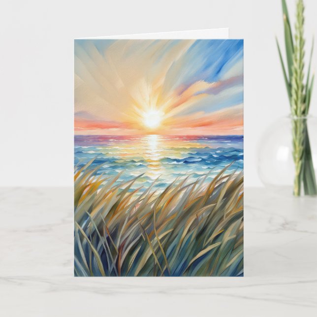 Watercolor Ocean Sunrise Thinking of You Card (Front)