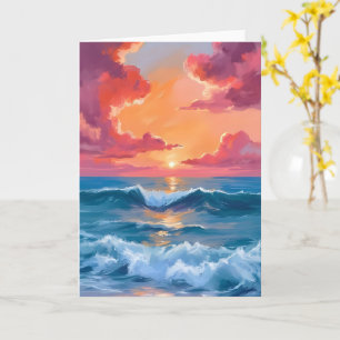 Watercolor Ocean Sunset Painting Beach Waves Card