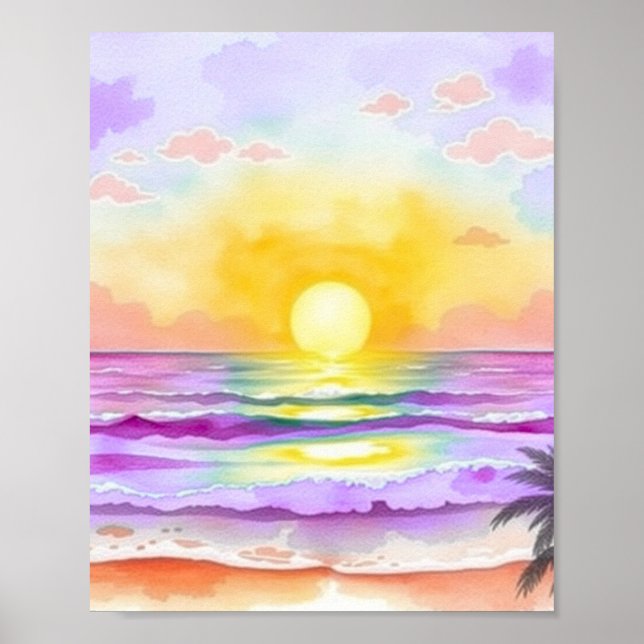 Watercolor Ocean Sunset Poster Soft Golden Light (Front)