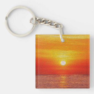 Watercolor Ocean Sunset Summer Beach Waves Key Ring