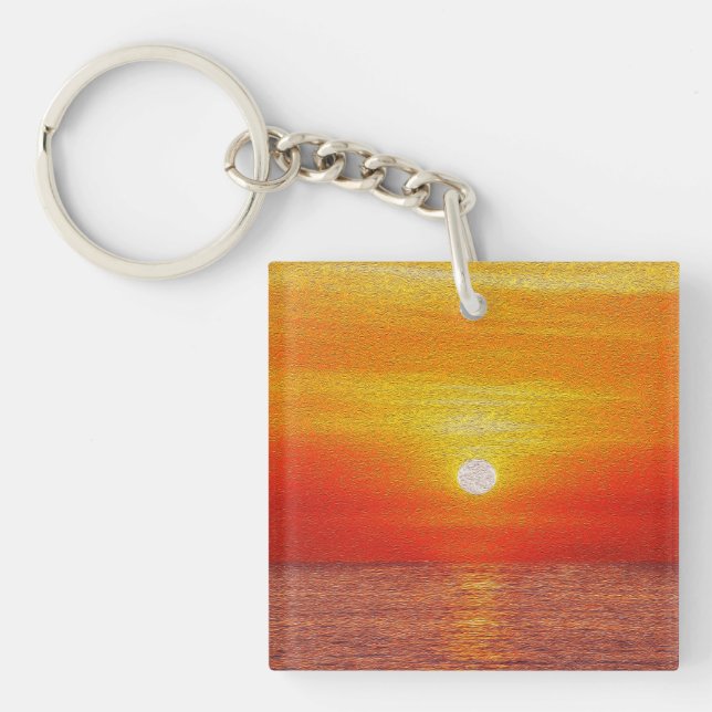Watercolor Ocean Sunset Summer Beach Waves Key Ring (Front)