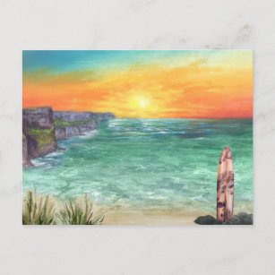 Watercolor Ocean Sunset   Vintage Travel Postcard