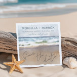 Watercolor Ocean Waves Beach Wedding Save The Date<br><div class="desc">Beach theme square wedding Save the Date card features a watercolor ocean waves seascape with "Save the Date" written in the sand. Reverse side is a light sea blue. Perfect for nautical,  tropical,  destination and coastal weddings. Artwork by KL Stock.</div>