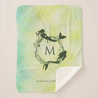 Watercolor Ocean Wreath Mermaids Monogram Sherpa Blanket