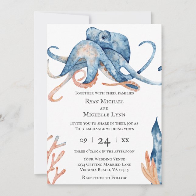 Watercolor Octopus All In One Beach Wedding Invitation (Front)