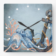 Watercolor Octopus and Anchor Nautical Beach