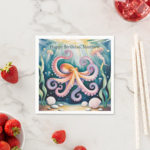 Watercolor Octopus Kids Birthday Party Napkin