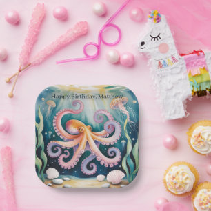Watercolor Octopus Kids Birthday Party Paper Plate