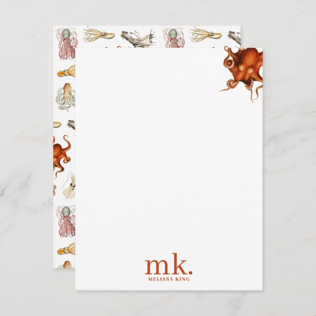 Watercolor Octopus Ocean Animals Pattern Monogram Card (Front/Back)