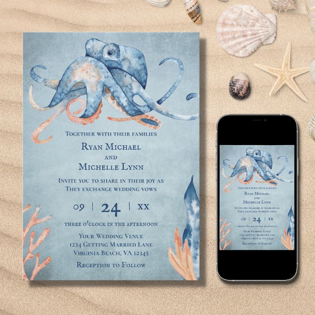 Watercolor Octopus Sea Life Beach Wedding Invitation (Creator Uploaded)