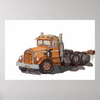 Watercolor of a orange old semi tractor