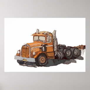 Watercolor of a orange old semi tractor poster